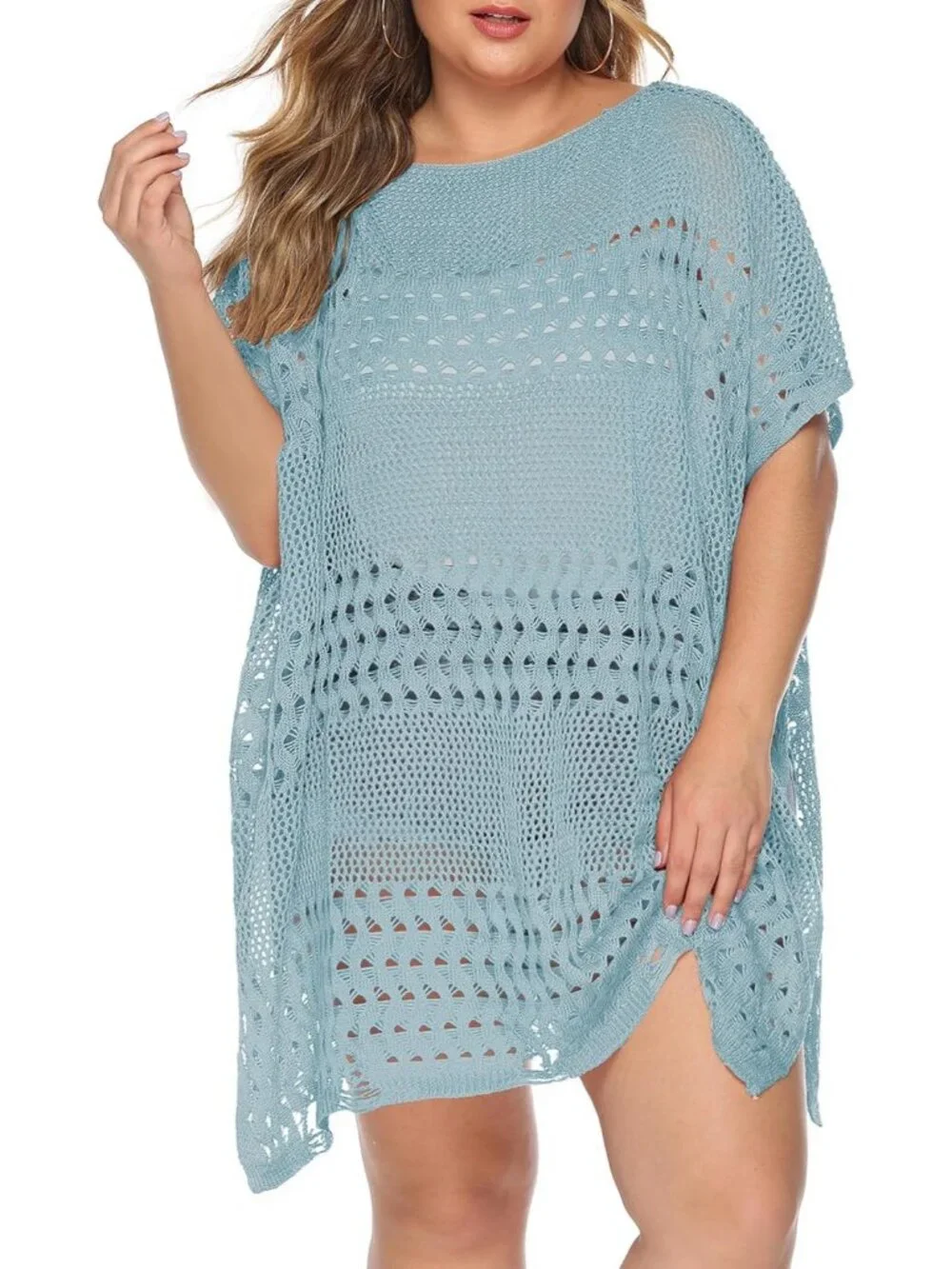 Women's K Hollow Light Blue Plus Polyester Crochet Summer Swimsuit Coverup Dress